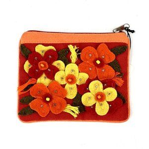 Floral Felt Coin Purse Zipper Pouch Bag Red Orange Pier 1 NWT